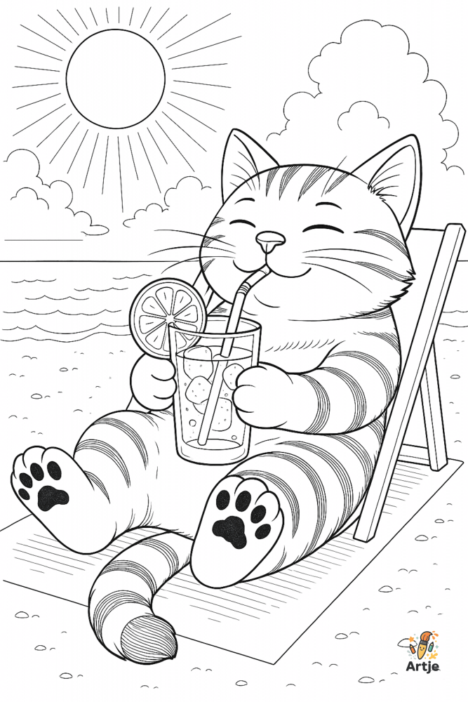 Ausmalbild: entspannte Katze am Strand mit Getränk und Meer im Hintergrund