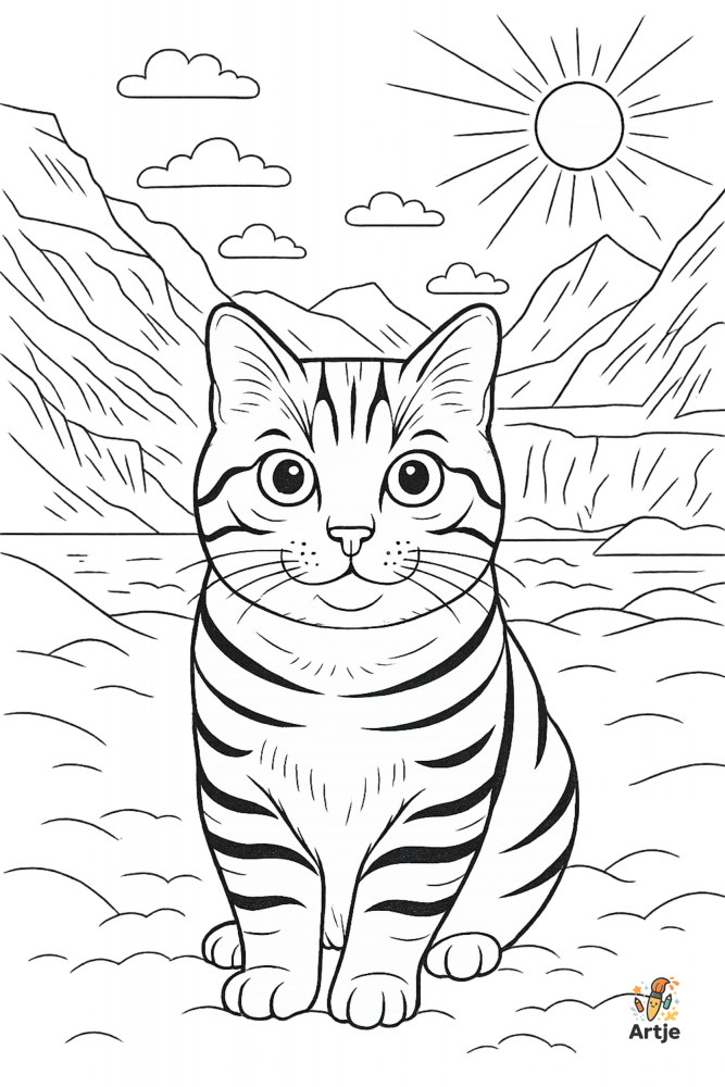 Ausmalbild: Katze im Schnee mit Sonne und Eisbergen