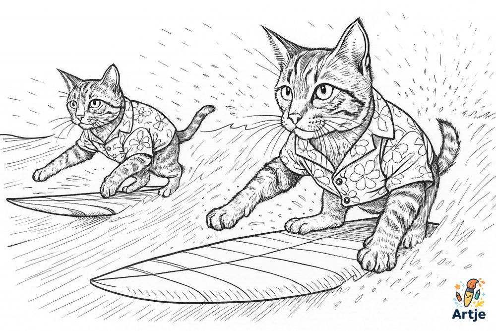 Ausmalbild: Zwei Katzen im Hawaiihemd surfen auf Wellen