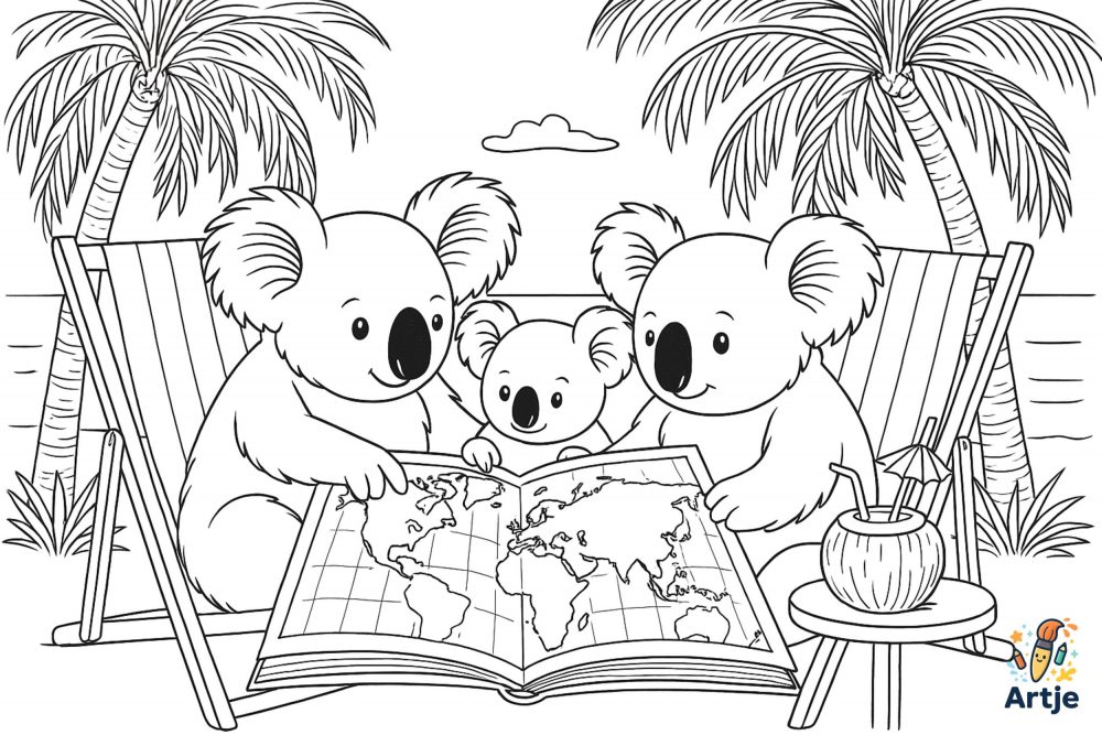  Ausmalbild einer Koalafamilie am Strand, die eine Reise plant – Vater, Mutter, Kind unter Palmen mit Weltkarte und Kokosnuss-Getränk.
