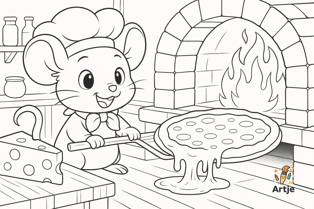Ausmalbild: Maus mit Kochmütze bäckt Käsepizza aus dem Steinofen