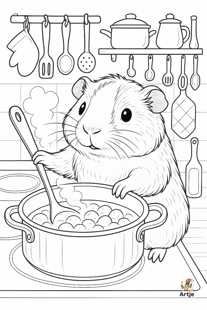 Ausmalbild: Meerschweinchen kocht am Herd mit Kochlöffel