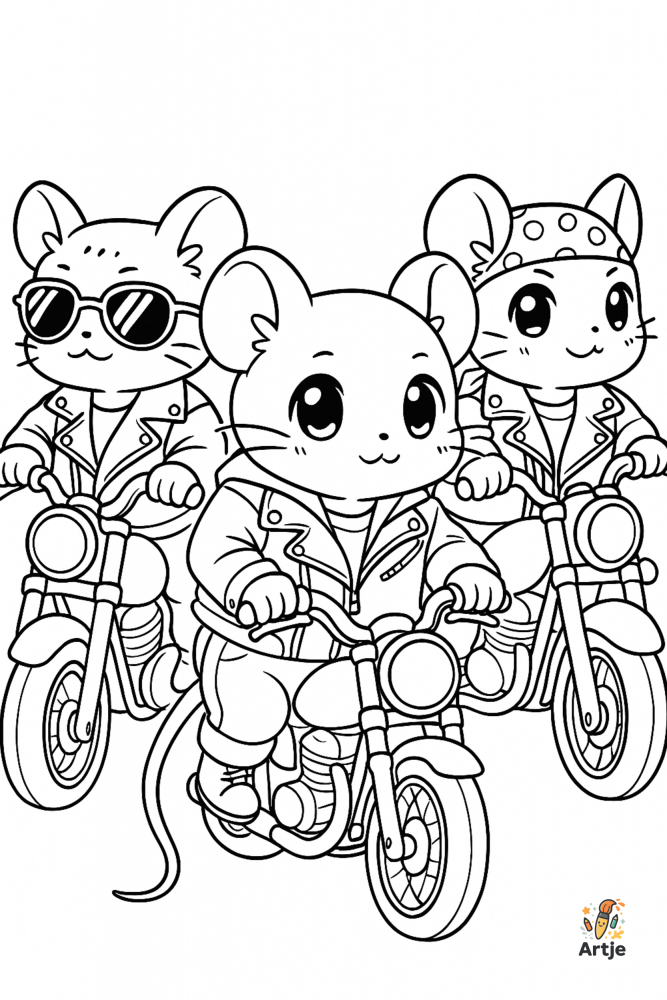 Ausmalbild: Drei Biker-Mäuse mit Lederjacken und Motorrädern