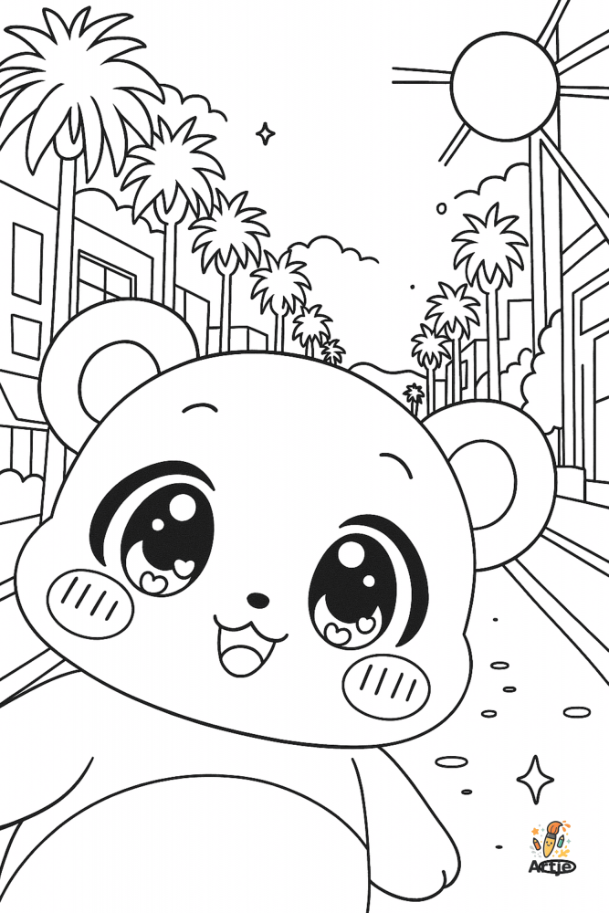 Ausmalbild: Kawaii Panda macht Selfie in Kalifornien