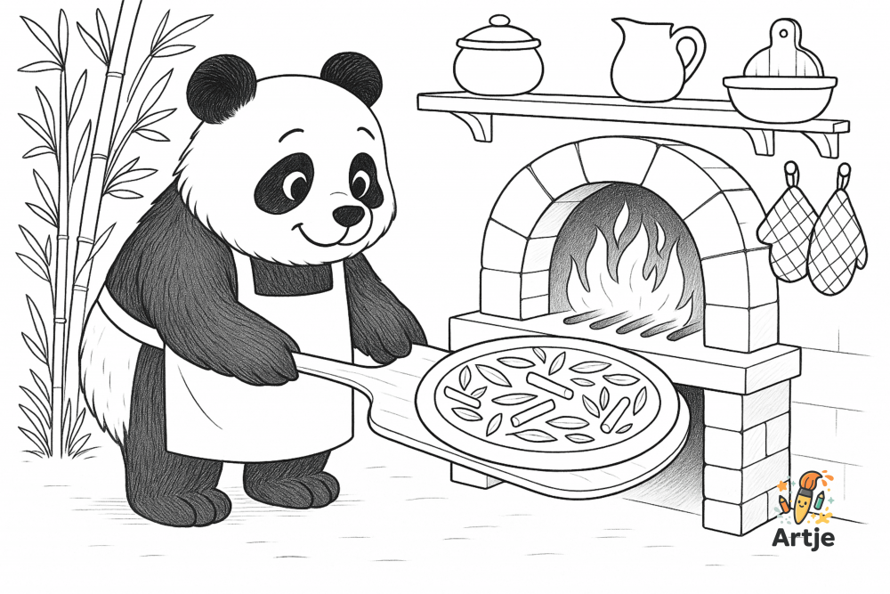 Ausmalbild: Panda als Pizzabäcker am Steinofen