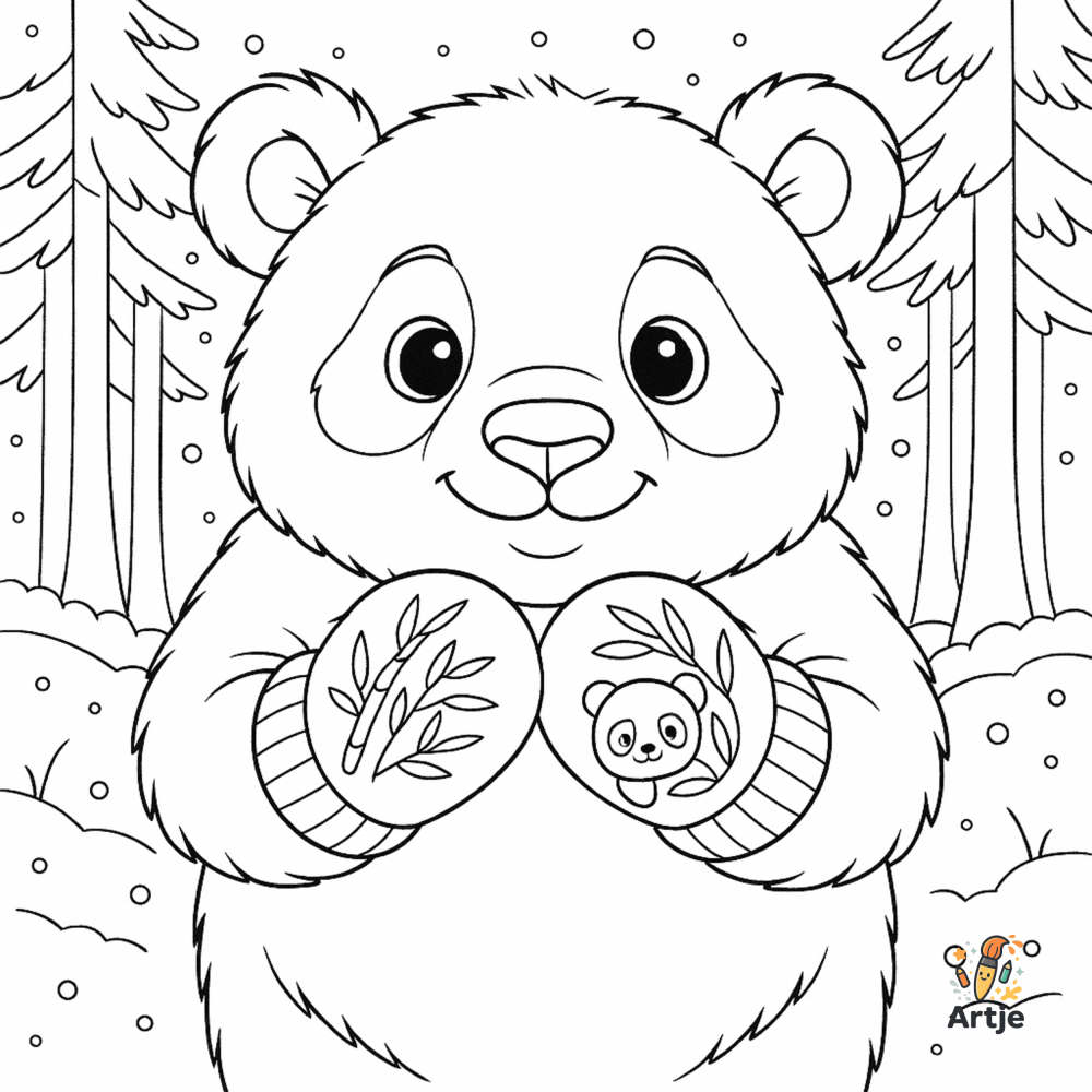 Ausmalbild: Panda mit Winterhandschuhen im Schnee