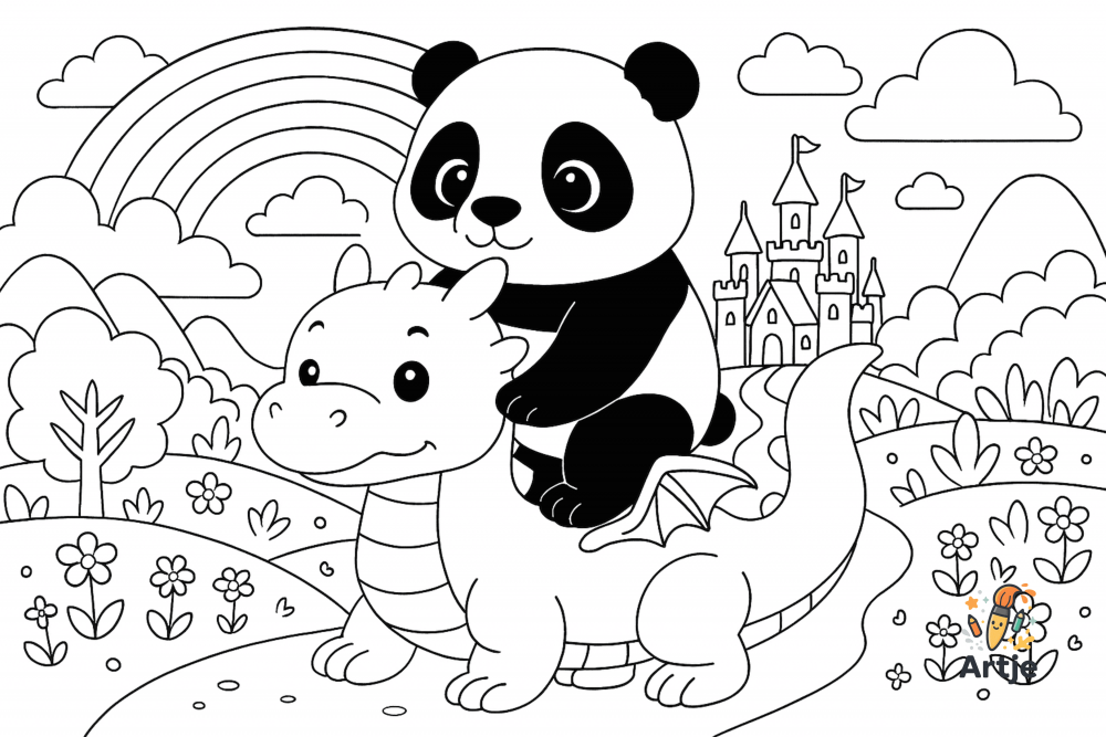 Ausmalbild: Panda reitet auf einem Drachen vor Schloss und Wiese