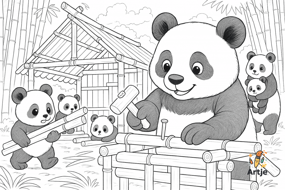 Ausmalbild: Pandafamilie baut Bambushaus