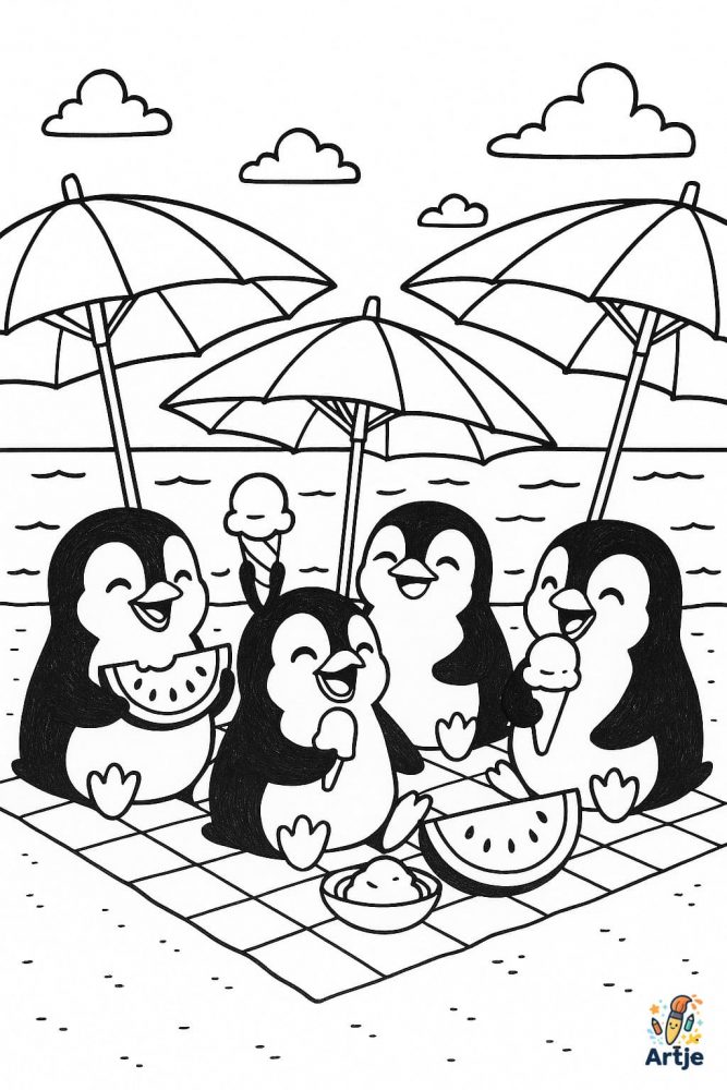 Ausmalbild mit Pinguinen am Strand, die unter Sonnenschirmen Wassermelone essen – fröhliche Sommerstimmung zum Ausmalen.