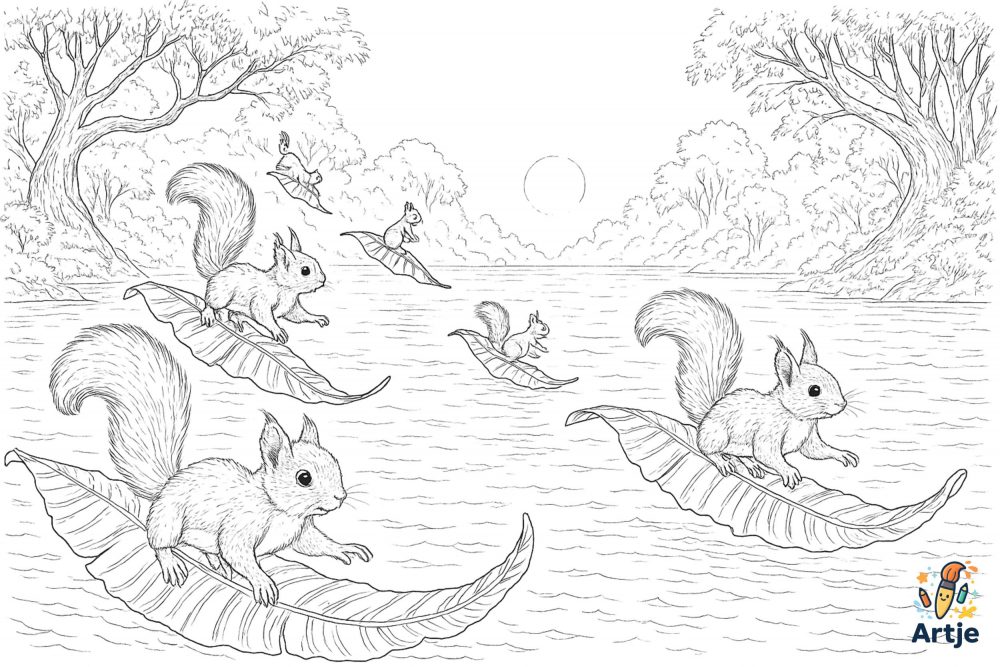 Ausmalbild mit Eichhörnchen, die auf fallenden Blättern über einen Fluss hinweg surfen – bei Sonnenuntergang in herbstlicher Fantasielandschaft.