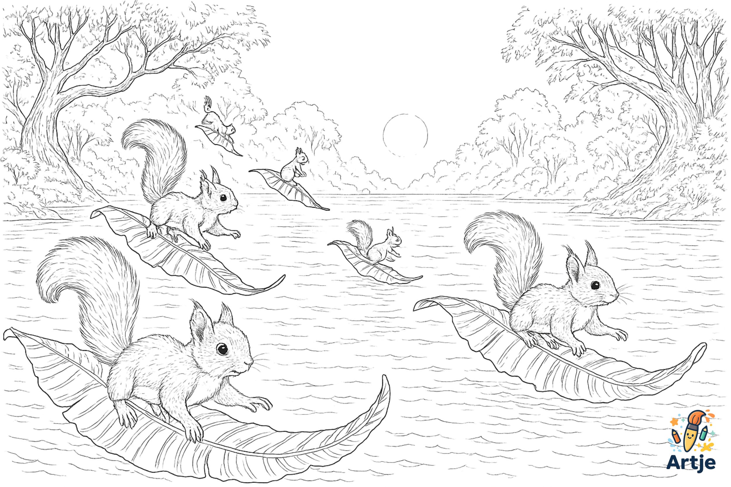 Ausmalbild mit Eichhörnchen, die auf fallenden Blättern über einen Fluss hinweg surfen – bei Sonnenuntergang in herbstlicher Fantasielandschaft.