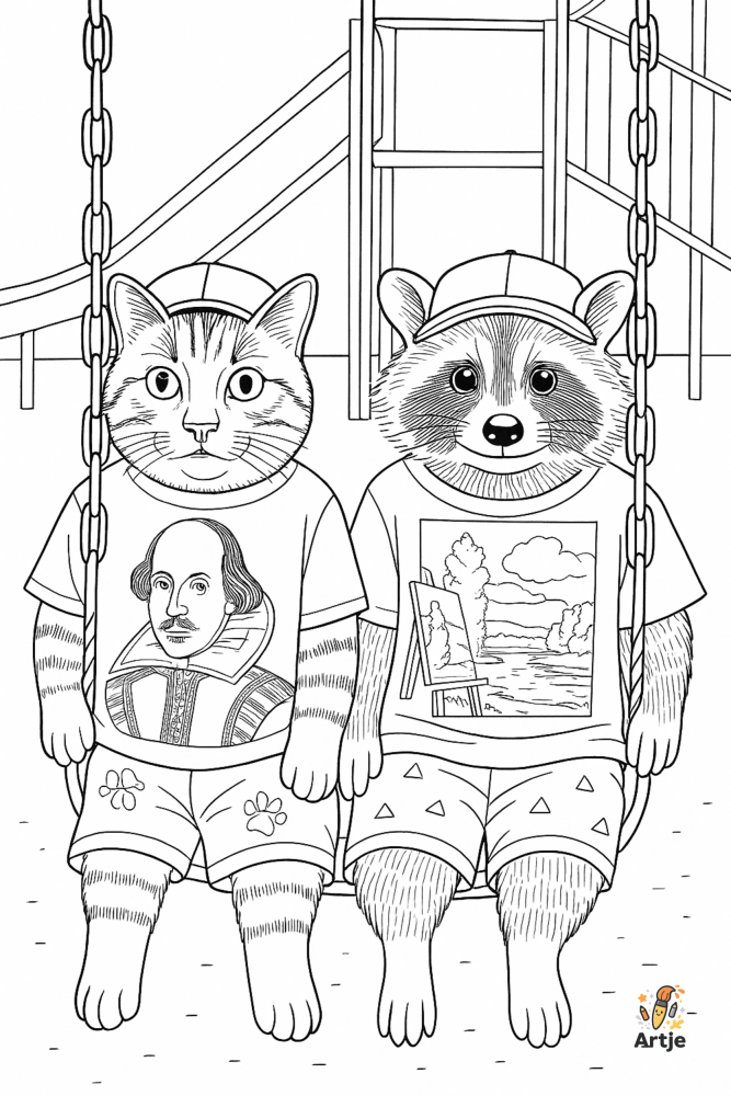 Ausmalbild mit Waschbär und Katze auf einer Schaukel im digital illustrierten Stil