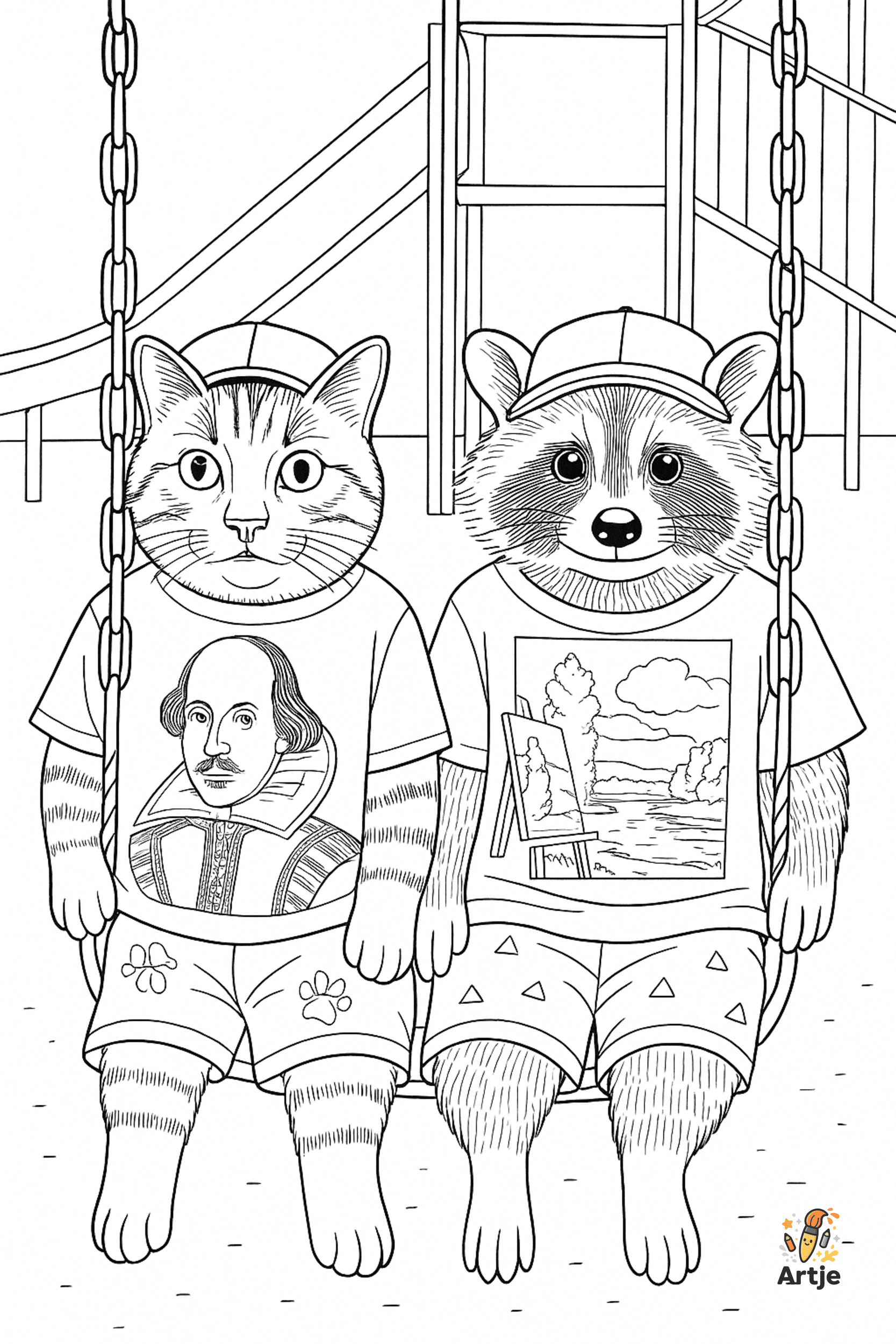 Ausmalbild mit Waschbär und Katze auf einer Schaukel im digital illustrierten Stil