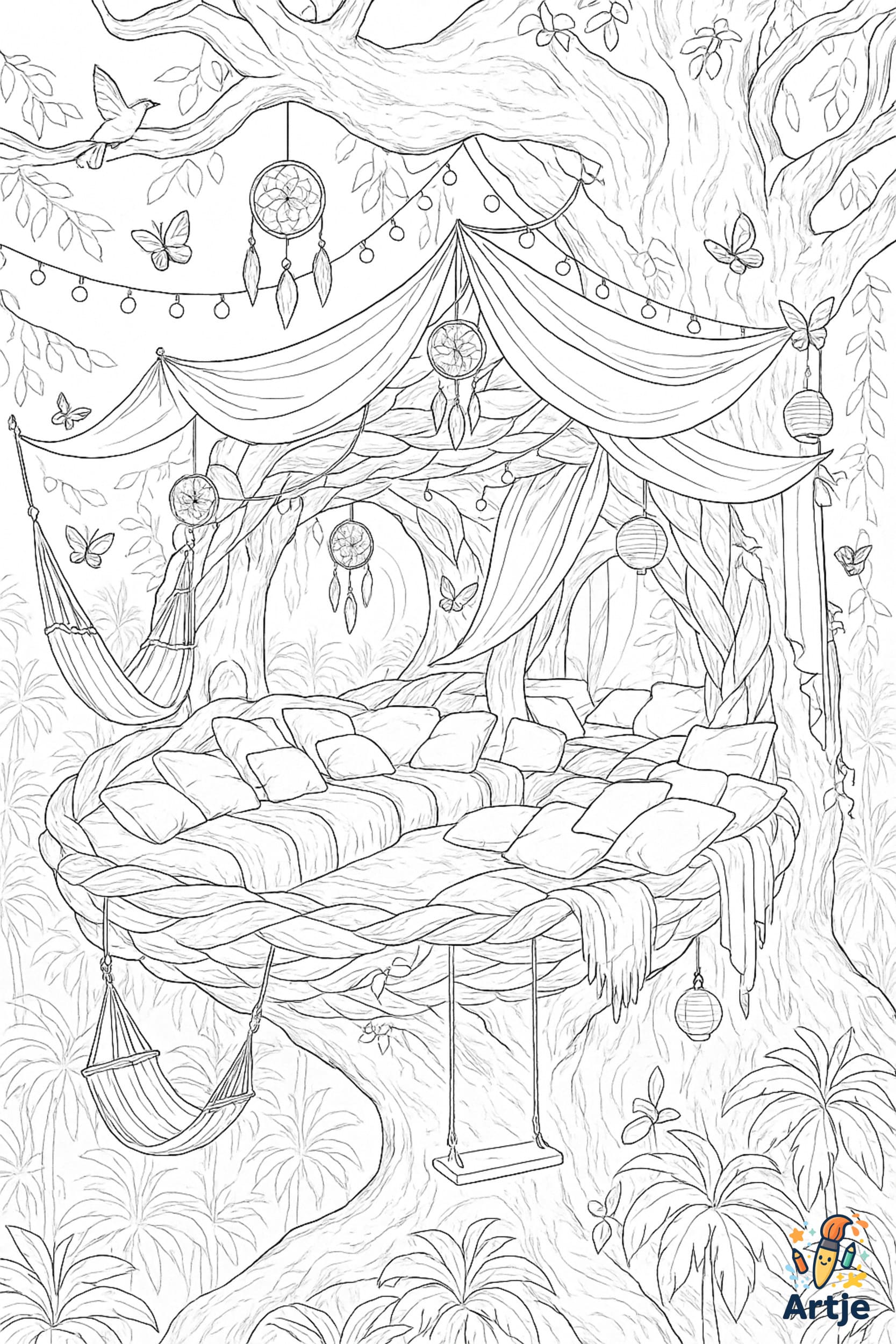 Ausmalbild mit einem fantasievollen Baumhaus-Nest aus Kissen und Decken, mit Tüchern als Dach, Hängematten, Lampions, Traumfängern und tropischer Umgebung.