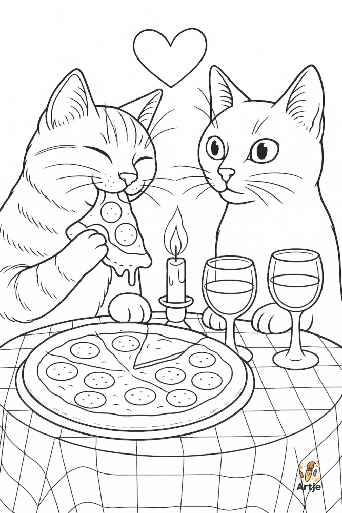 Romantisches Katzendinner – eine Katze frisst Pizza, die andere schaut