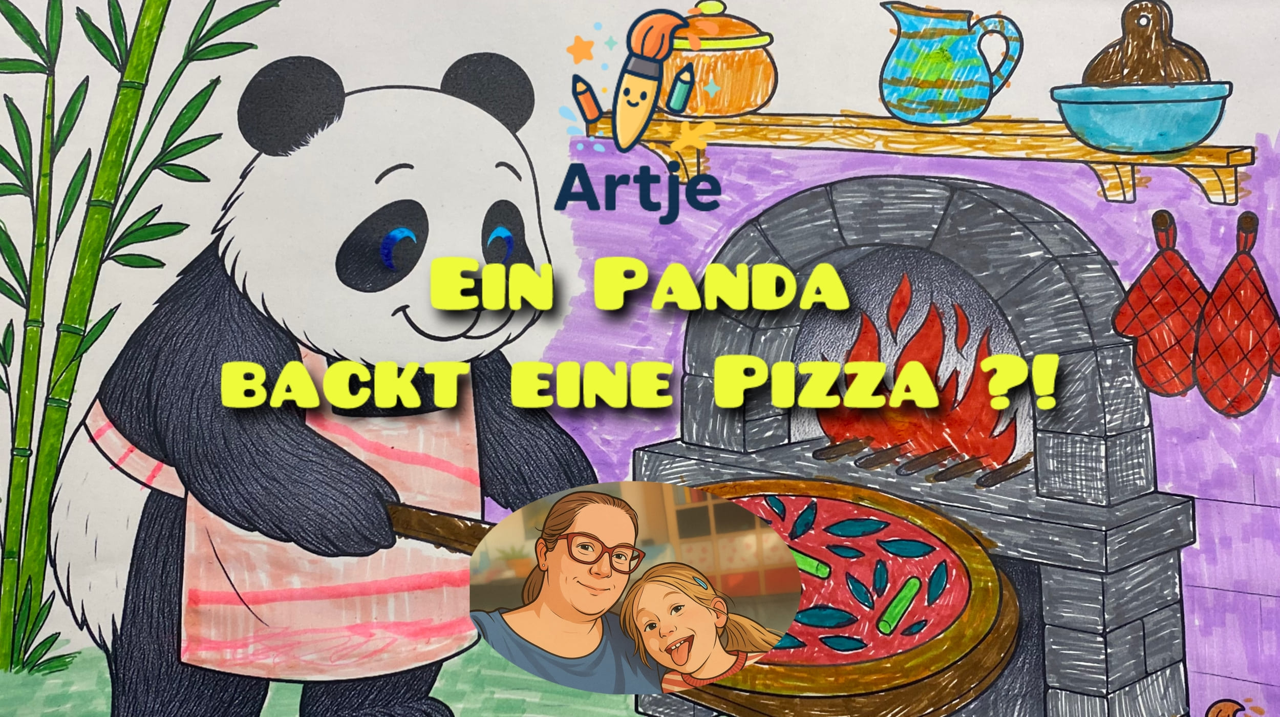 Ausmalvideo: Panda als Pizzabäcker am Steinofen