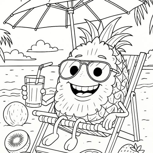 Ananas im Urlaub – Ausmalbild mit Sommerfrüchten am Strand