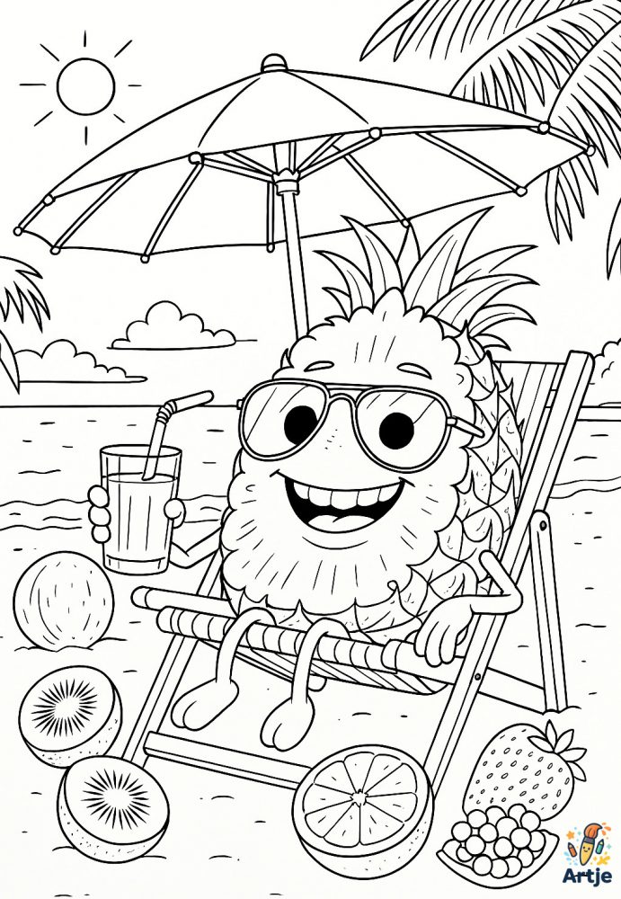 Ananas im Urlaub sitzt im Liegestuhl mit Getränk, Palmen und Sommerfrüchte am Strand