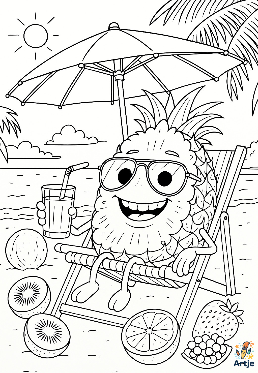 Ananas im Urlaub sitzt im Liegestuhl mit Getränk, Palmen und Sommerfrüchte am Strand