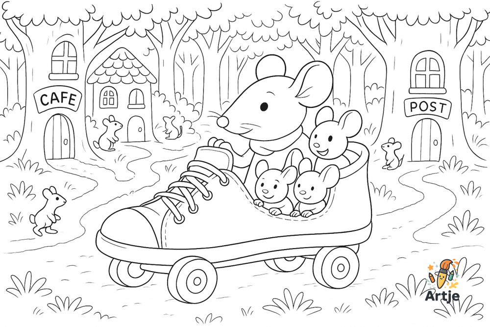 Ausmalbild: Mäusefamilie unterwegs im Schuhwagen vor Mäusestadt im Wald