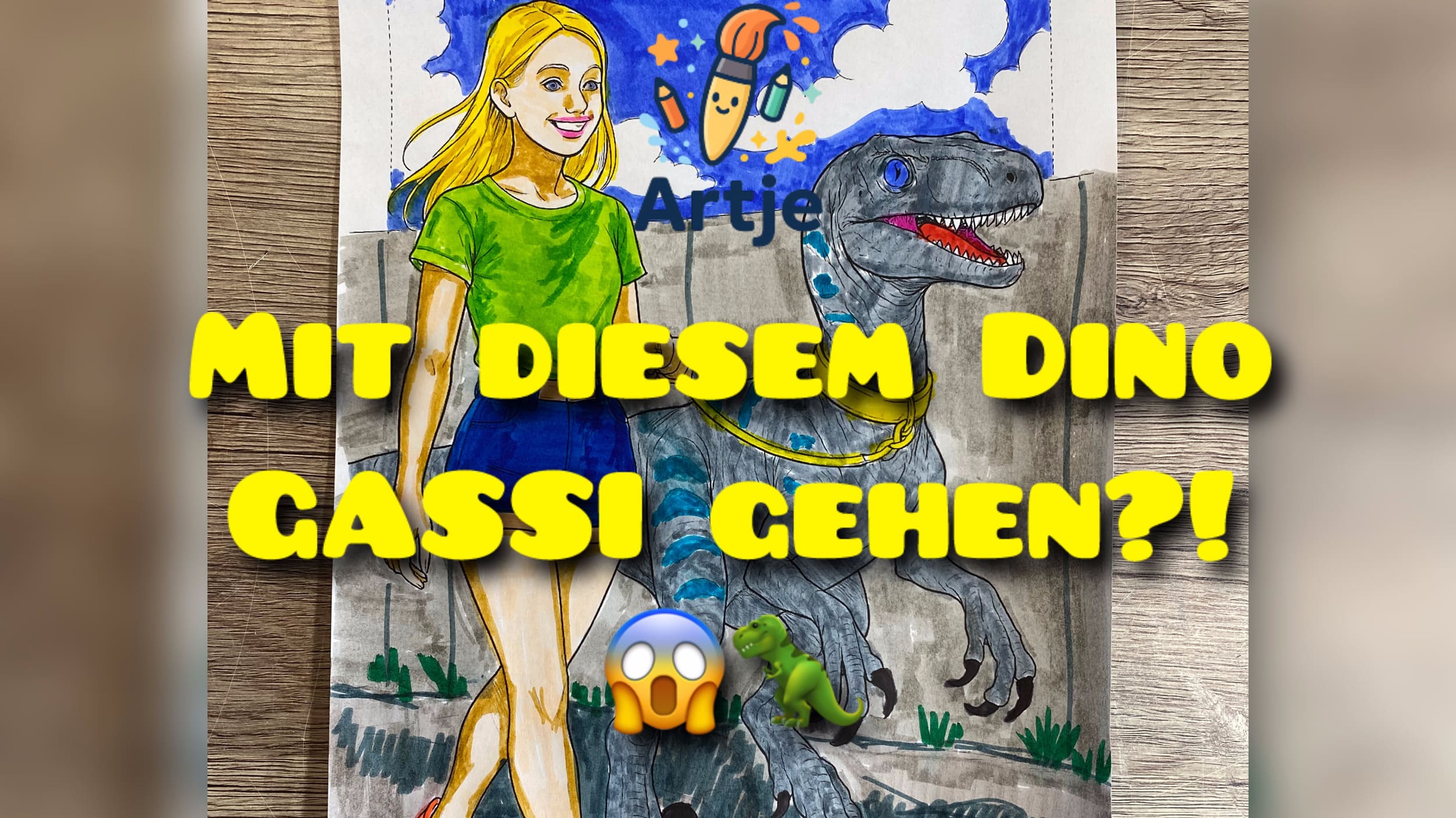 Mädchen spaziert mit einem Dinosaurier an der Leine durch einen Park