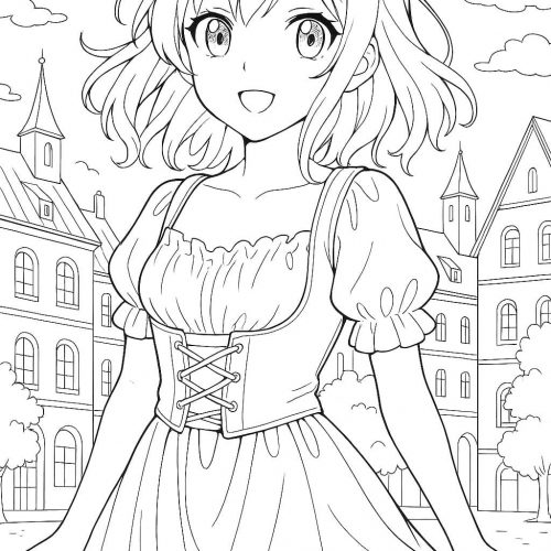 Anime-Mädchen in mittelalterlicher Stadt zum Ausmalen