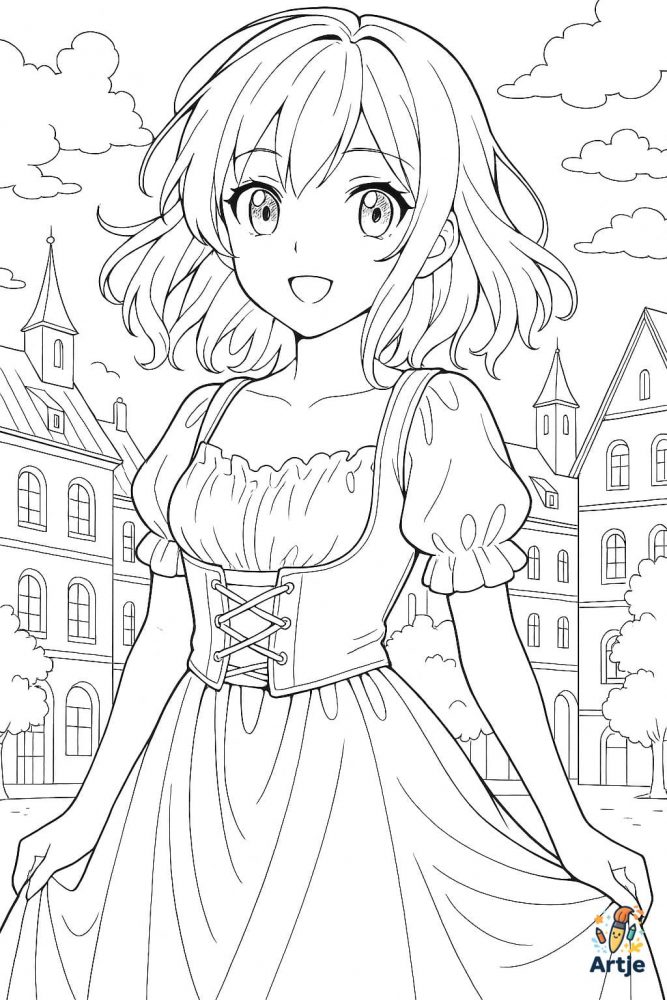 Ausmalbild Anime-Mädchen in mittelalterlicher Stadt mit Kleid und Häusern im Hintergrund