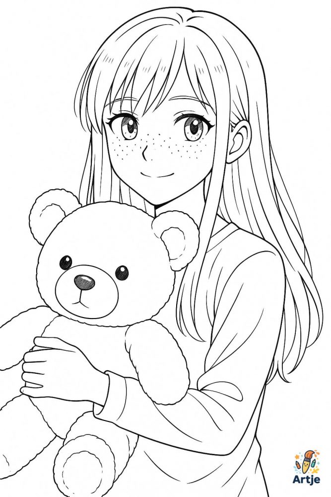Ausmalbild Anime Mädchen hält Teddy im Arm