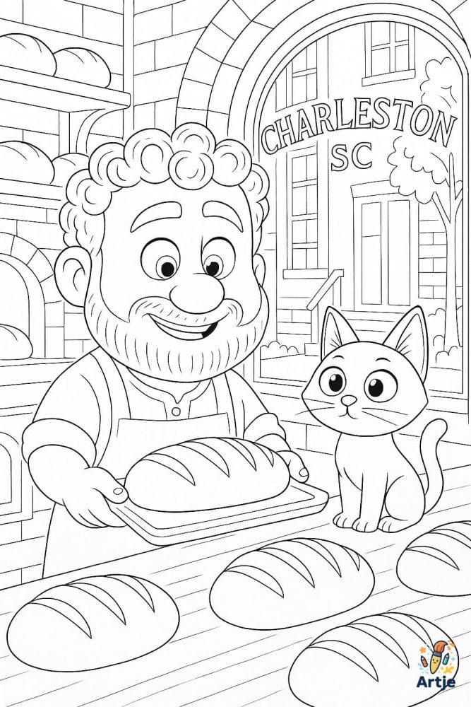 Ausmalbild Bäcker mit frischem Brot und Katze