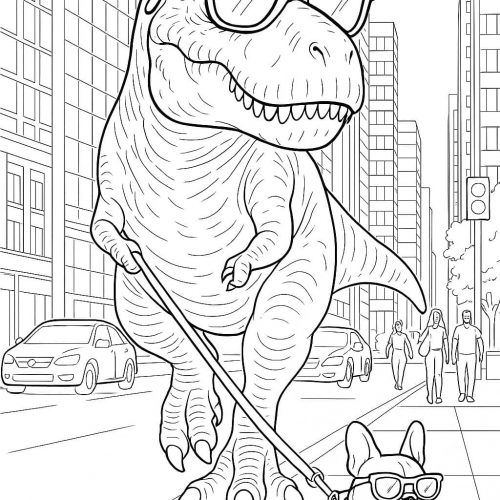 T-Rex spaziert mit Hund
