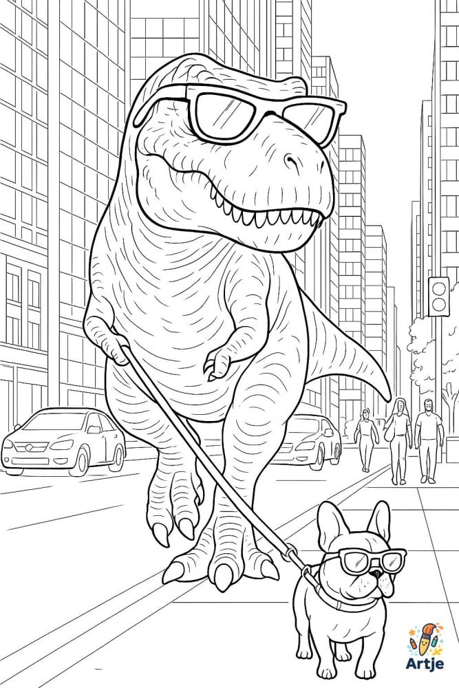 Ausmalbild T-Rex spaziert mit Hund durch die Stadt