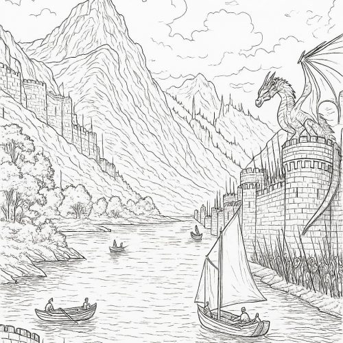 Drache mit Burg und Fluss