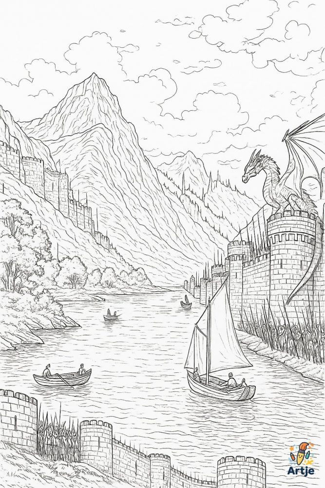 Ausmalbild Drache auf Burg am Fluss mit Booten und Bergen