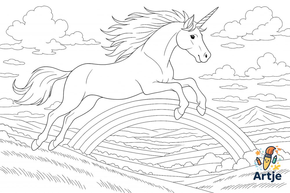 Ausmalbild Einhorn springt über Regenbogen