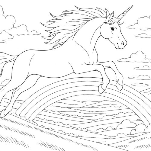 Magisches Einhorn über Regenbogen