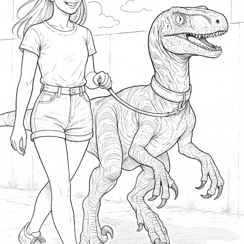 Mädchen mit Velociraptor beim Spaziergang