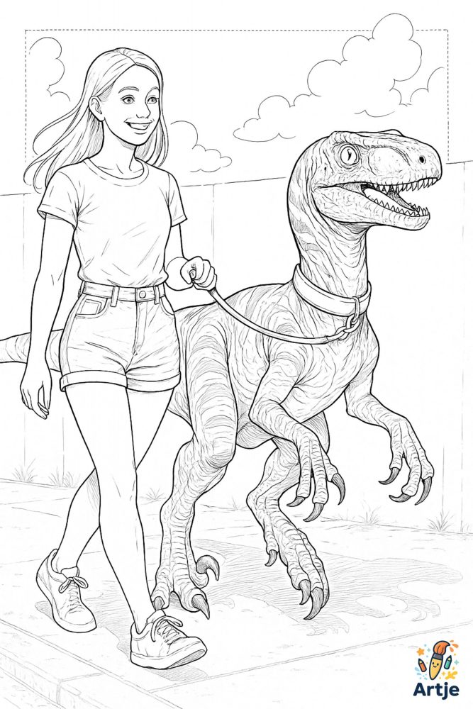 Ausmalbild Mädchen mit Velociraptor beim Spaziergang