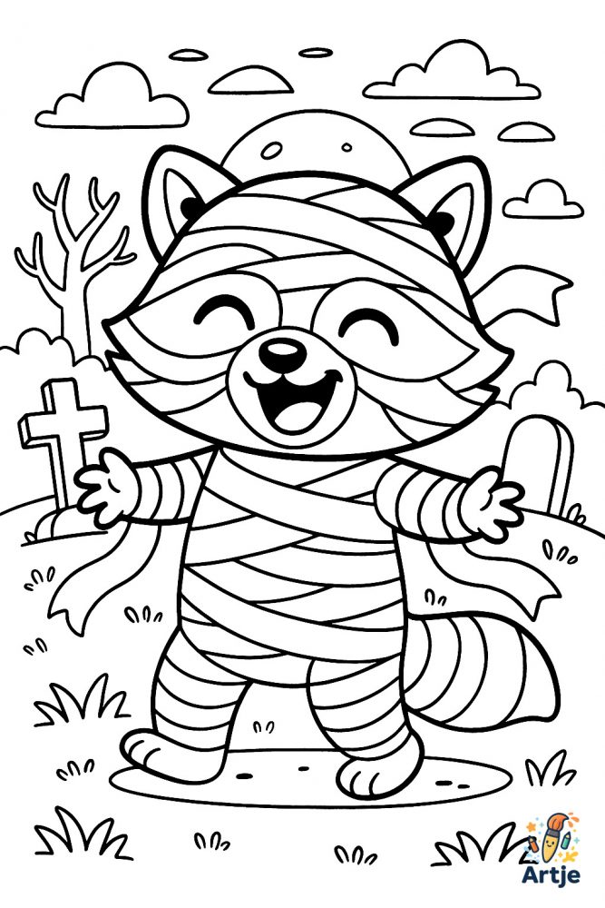 Ausmalbild Waschbär als Mumie