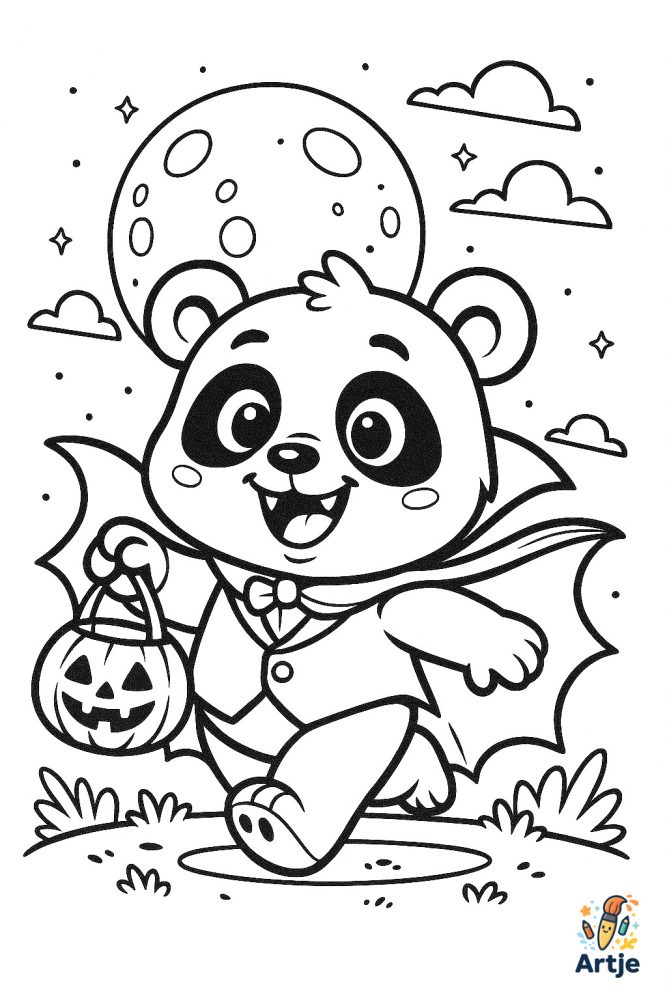 Ausmalbild Panda im Vampirkostüm