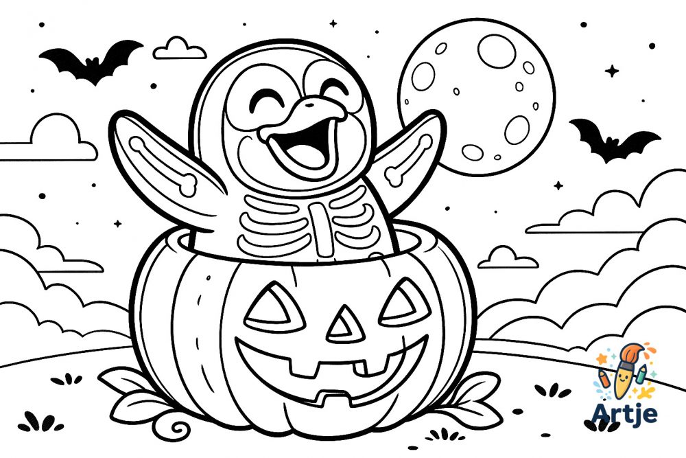 Ausmalbild Pinguin im Kürbis zu Halloween