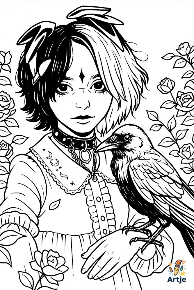 Ausmalbild Gothic-Mädchen mit Rabe und Rosen