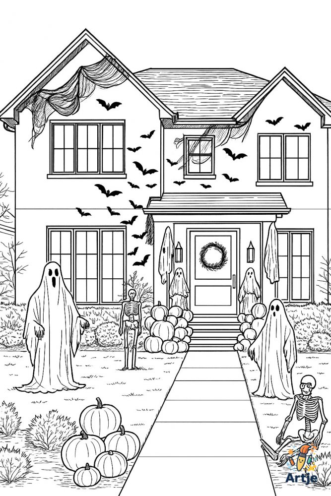 Ausmalbild Halloween-Haus mit Dekoration