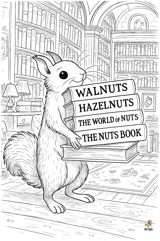 Süßes Eichhörnchen in einer Bibliothek voller Nussbücher – liebevolles Ausmalmotiv für kleine Entdecker und Tierfreunde.