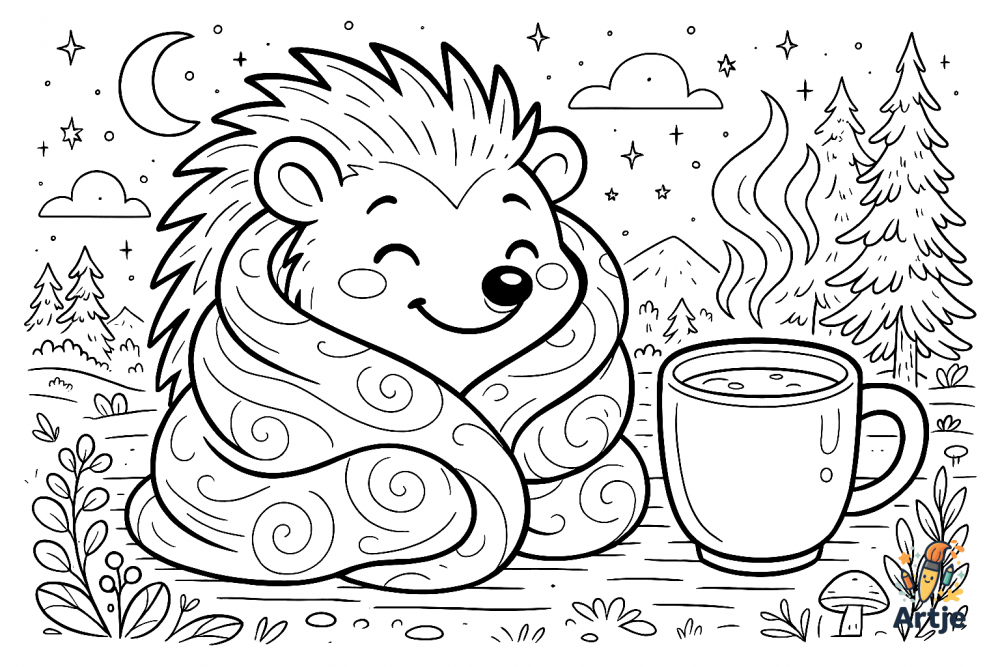 Kleiner Igel kuschelt sich ein und trinkt Kakao – entspannendes Winter Ausmalbild für Kinder.