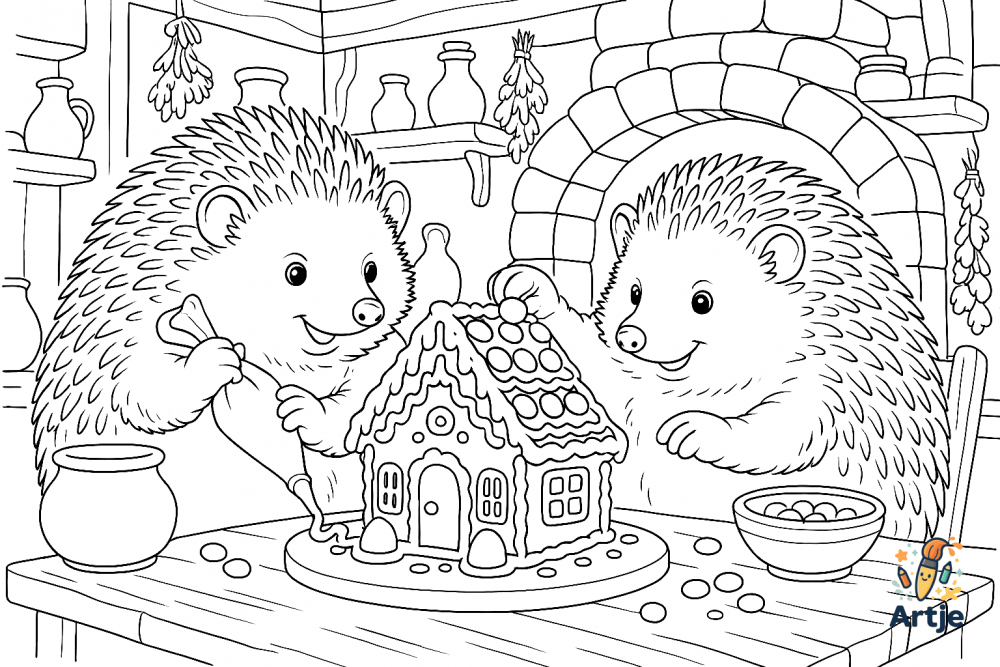 Zwei Igel verzieren ein Lebkuchenhaus – niedliches Ausmalbild für Kinder voller Weihnachtsfreude.