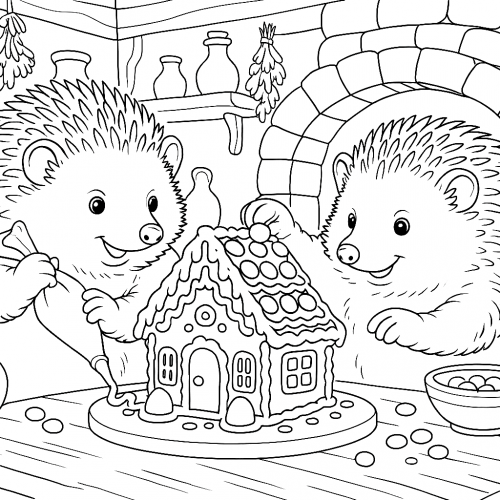 Zwei Igel verzieren ein Lebkuchenhaus – niedliches Ausmalbild für Kinder voller Weihnachtsfreude.