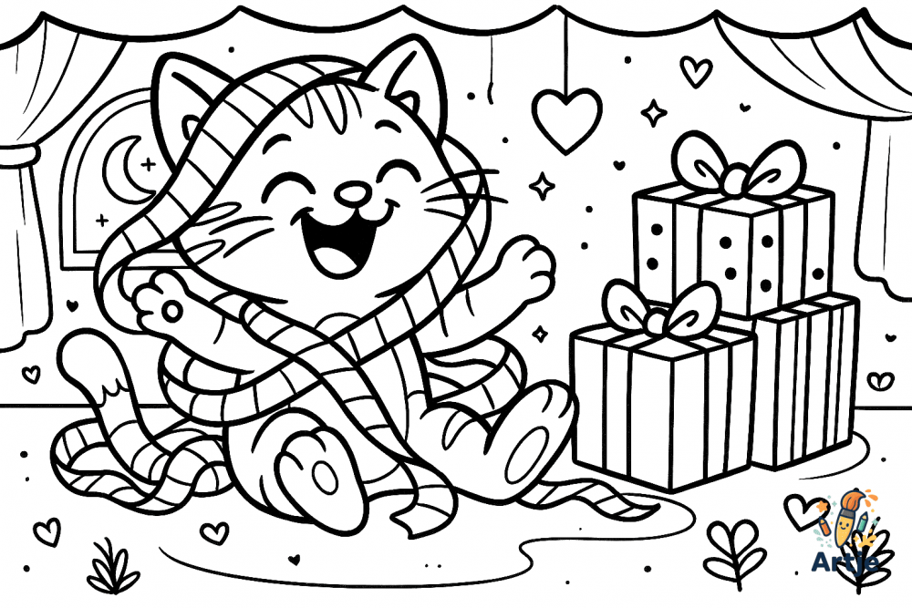 Lustige Katze spielt mit Geschenkband – niedliches Ausmalbild für Kinder voller Weihnachtsfreude.