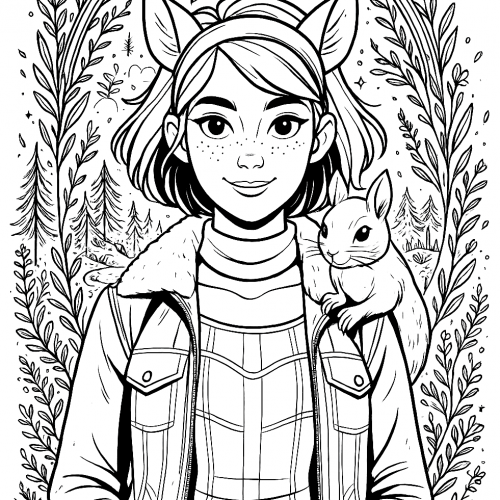 Ausmalbild Mädchen mit Eichhörnchen