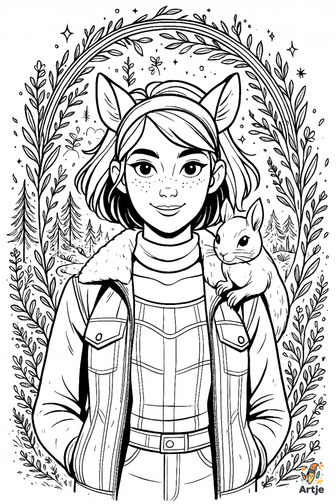 Liebevolles Ausmalbild eines Mädchens mit einem Eichhörnchen auf der Schulter – perfekt zum Entspannen und Kreativsein.