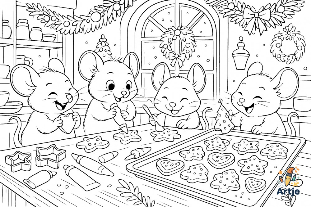 Kleine Mäuse backen und verzieren Plätzchen – stimmungsvolles Weihnachts Ausmalbild für Kinder und Familien.
